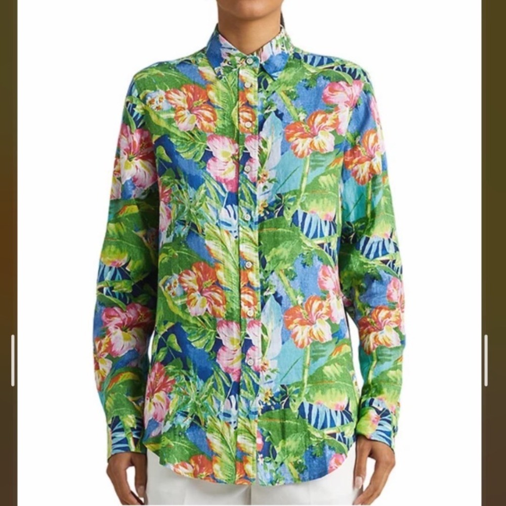 Lauren Ralph Lauren 100% Linen Shirt Womensโ Large Blue Green Tropical Floral